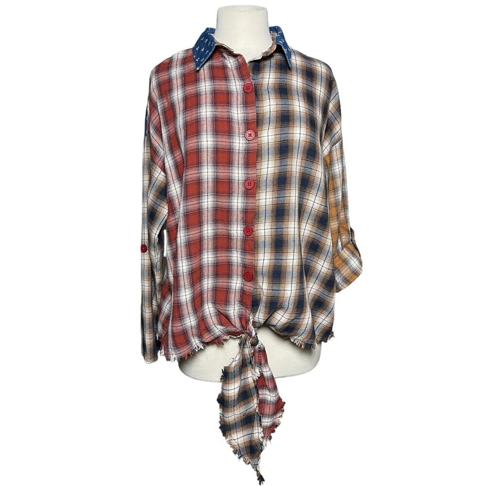 NWT UMGEE Women’s Boho Multi Plaid Button Up Western Style Top